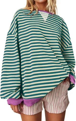 UEU Women Striped Oversized Sweatshirt Color Block Crewneck Long Sleeve Pullover Top Fashion Trendy Preppy Clothes
