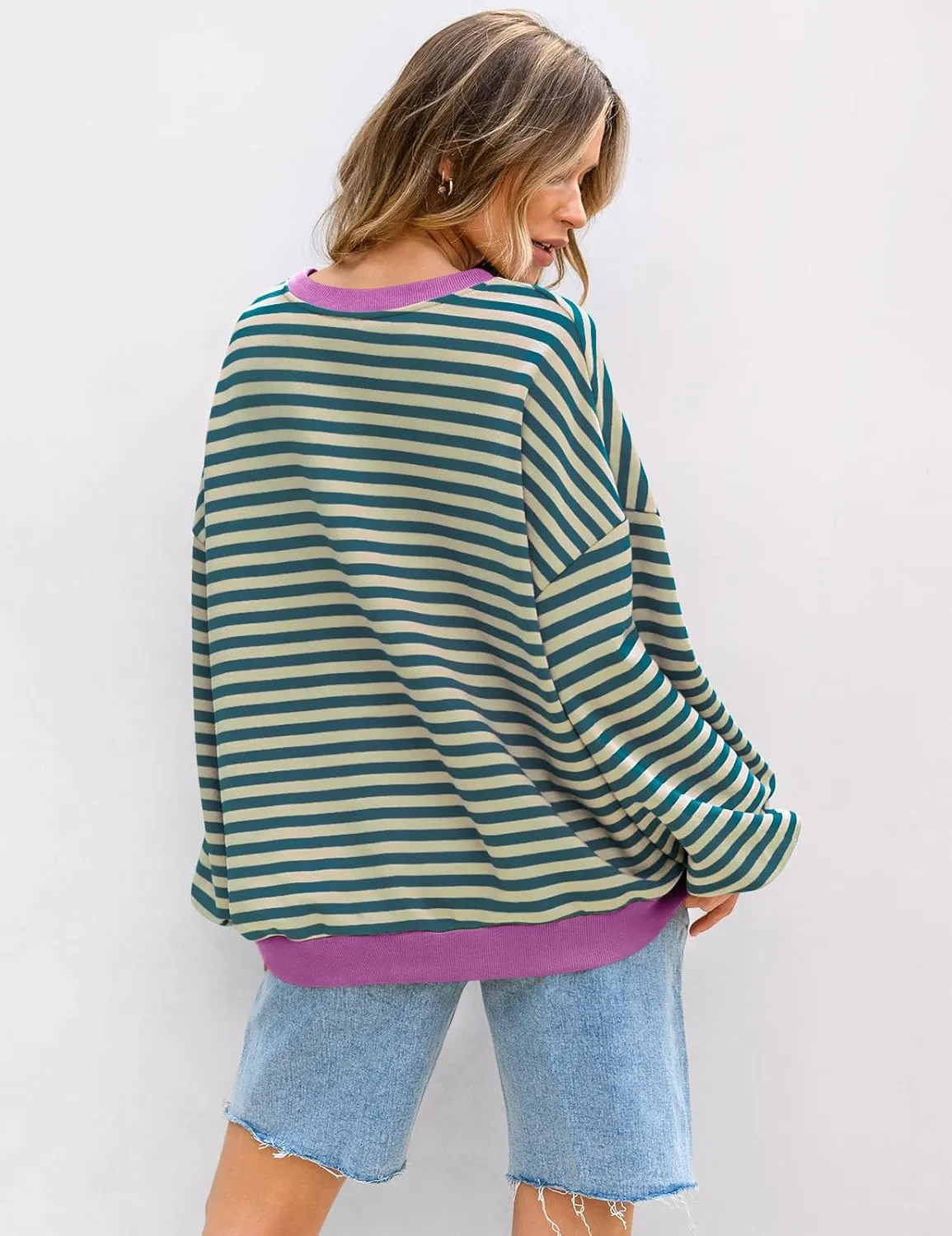 UEU Women Striped Oversized Sweatshirt Color Block Crewneck Long Sleeve Pullover Top Fashion Trendy Preppy Clothes
