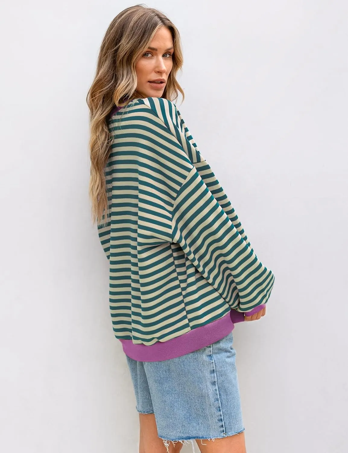 UEU Women Striped Oversized Sweatshirt Color Block Crewneck Long Sleeve Pullover Top Fashion Trendy Preppy Clothes