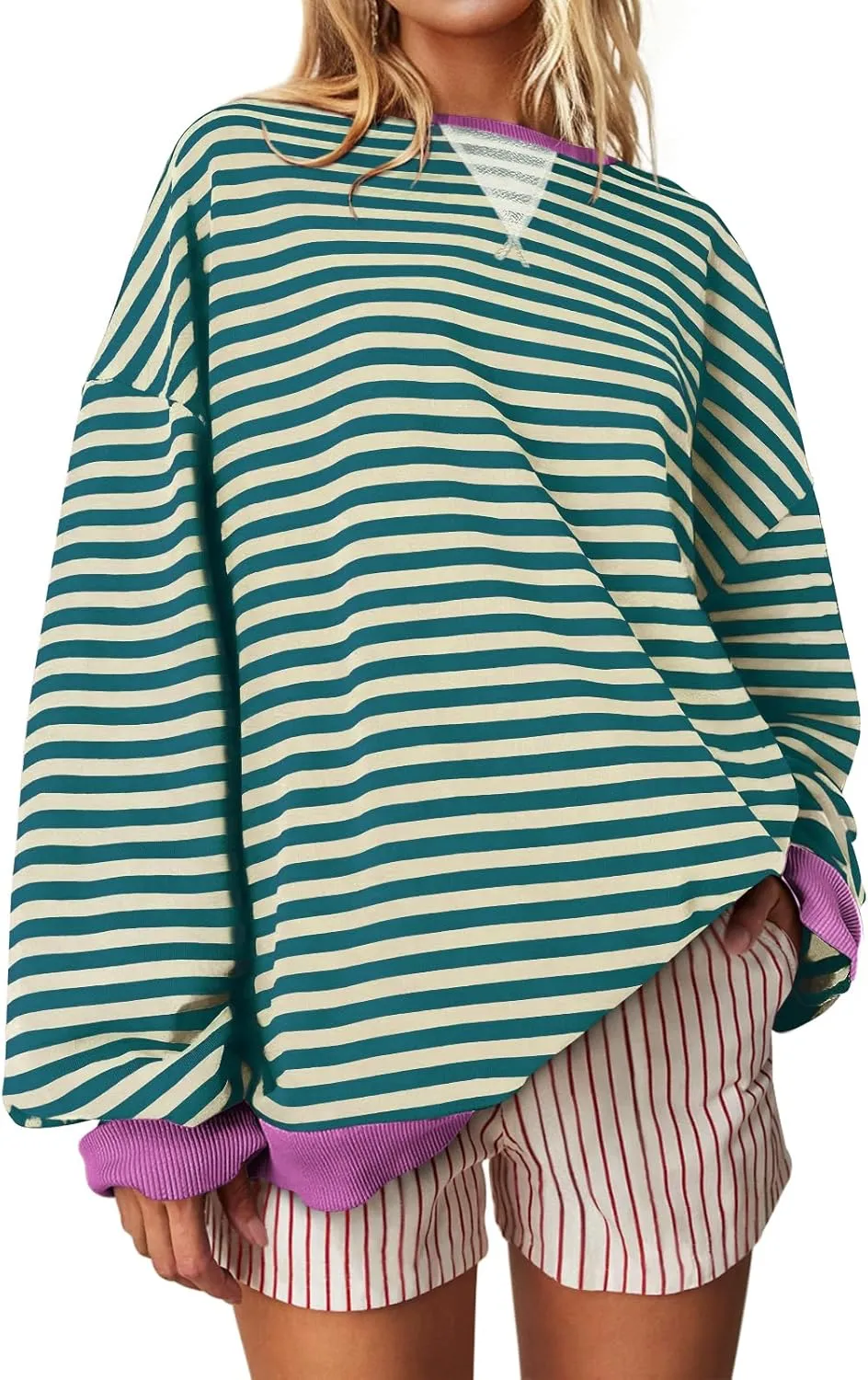 UEU Women Striped Oversized Sweatshirt Color Block Crewneck Long Sleeve Pullover Top Fashion Trendy Preppy Clothes
