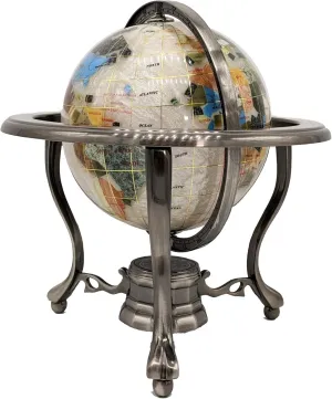 Unique Art 10-Inch by 6-Inch Pure Pearl Swirl Ocean Table Top Gemstone World Globe with Silver Tripod