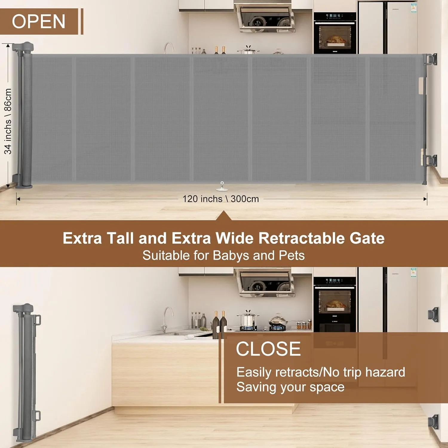 Upgrade 120 inch Retractable Baby Gates Extra Wide with Reinforced Strip Design to Prevent Crawling Through, 10 Foot Retractable Dog Gate, 34" Tall, Retractable Gate for Indoor/Outdoor