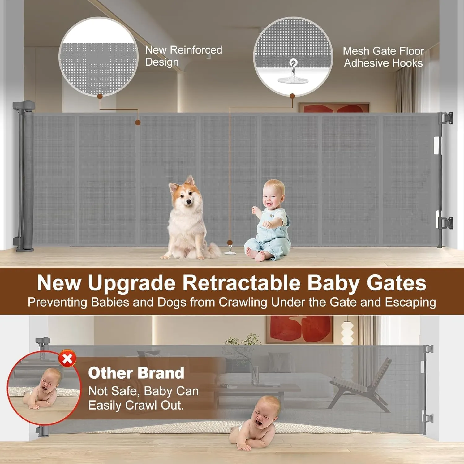 Upgrade 120 inch Retractable Baby Gates Extra Wide with Reinforced Strip Design to Prevent Crawling Through, 10 Foot Retractable Dog Gate, 34" Tall, Retractable Gate for Indoor/Outdoor