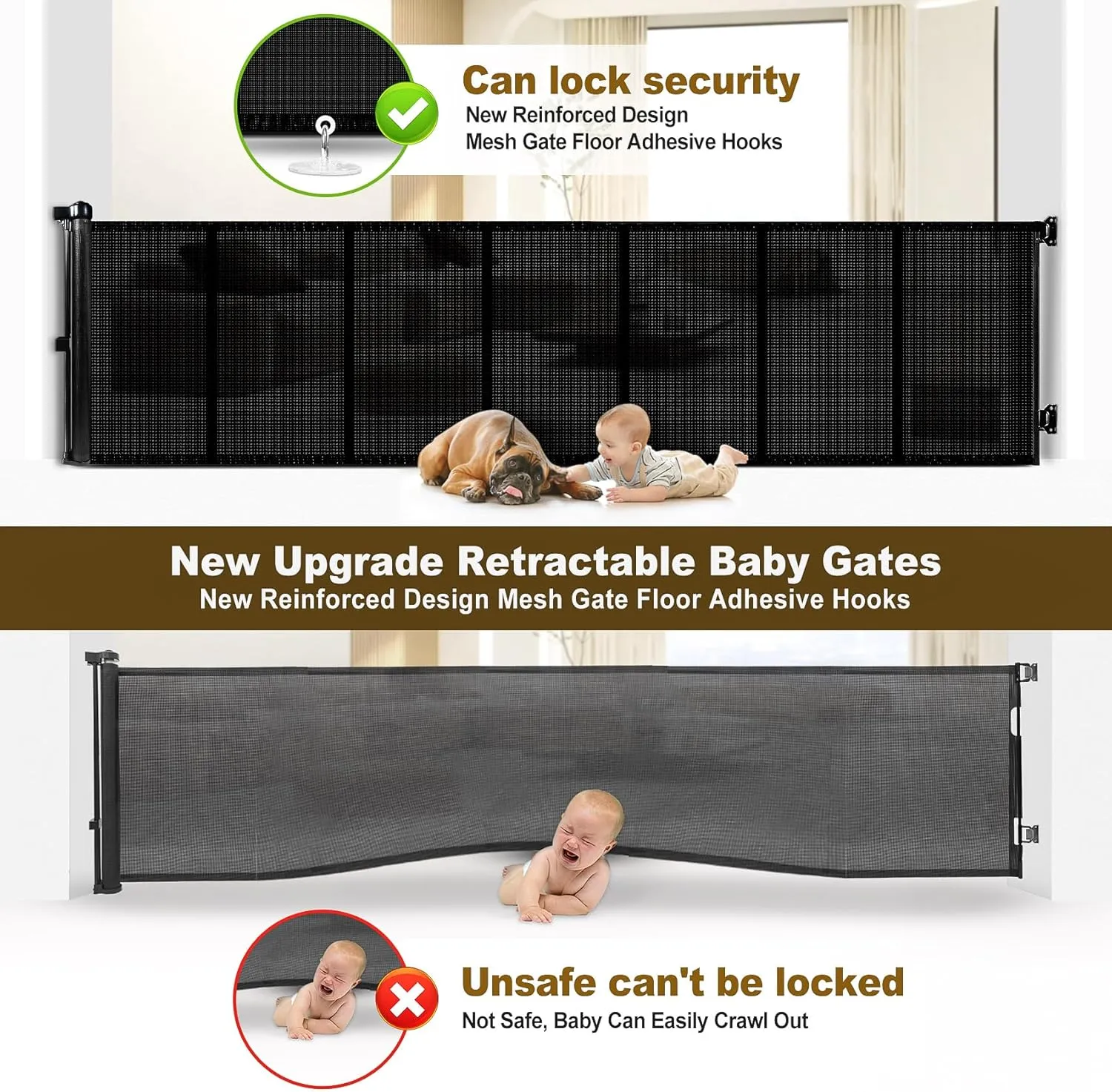 Upgrade 120 inch Retractable Baby Gates Extra Wide with Reinforced Strip Design to Prevent Crawling Through, 10 Foot Retractable Dog Gate, 42" Tall, Retractable Gate for Indoor/Outdoor