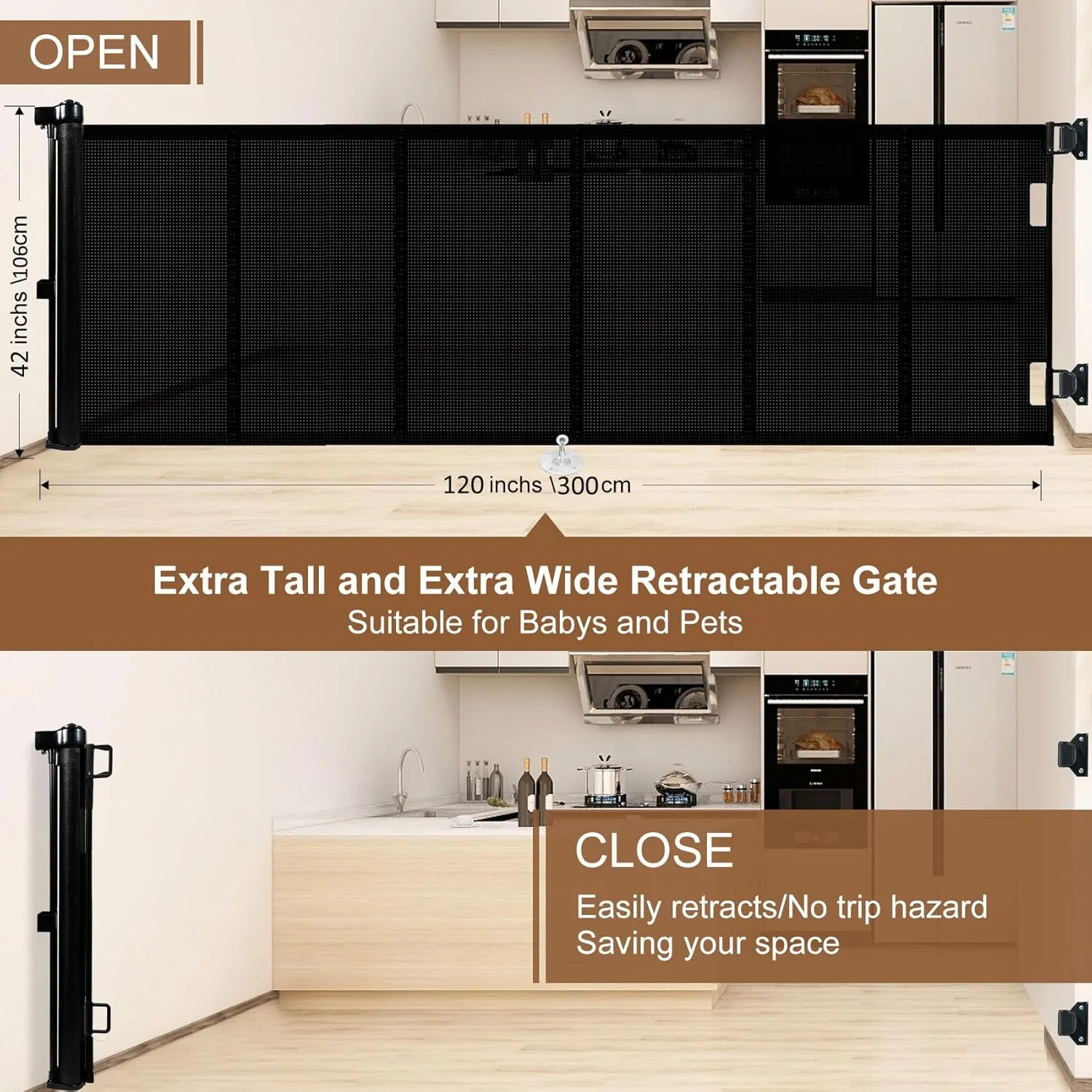 Upgrade 120 inch Retractable Baby Gates Extra Wide with Reinforced Strip Design to Prevent Crawling Through, 10 Foot Retractable Dog Gate, 42" Tall, Retractable Gate for Indoor/Outdoor