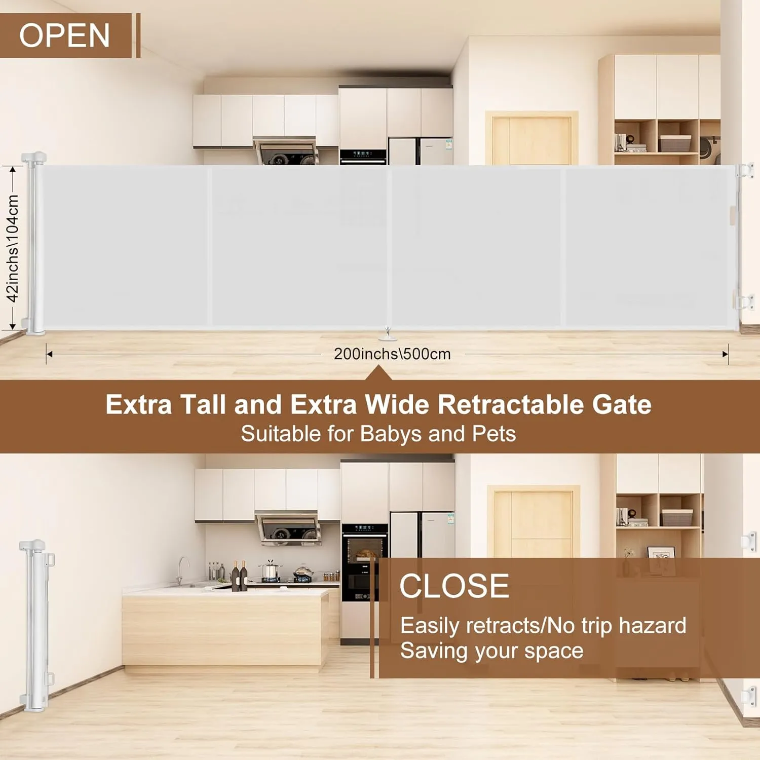 Upgrade 200 inch Retractable Baby Gates Extra Wide with Reinforced Strip Design to Prevent Crawling Through, 200" Retractable Dog Gate, 42" Tall, Retractable Gate for Indoor/Outdoor