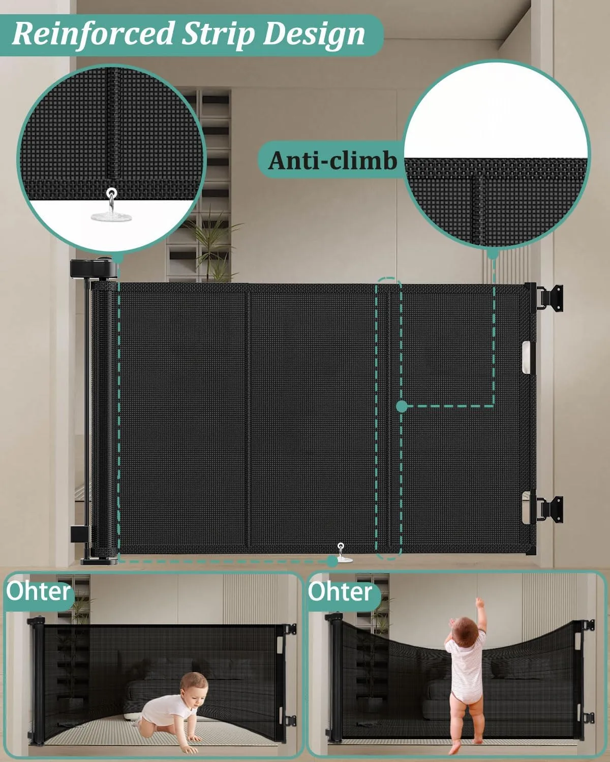 Upgrade 71" Retractable Baby Gates with Reinforced Strip Design to Prevent Crawling Through, 34" Tall Retractable Gate for Baby and Pet, 6 FT Baby Gates for Stairs, Doorways, Hallways