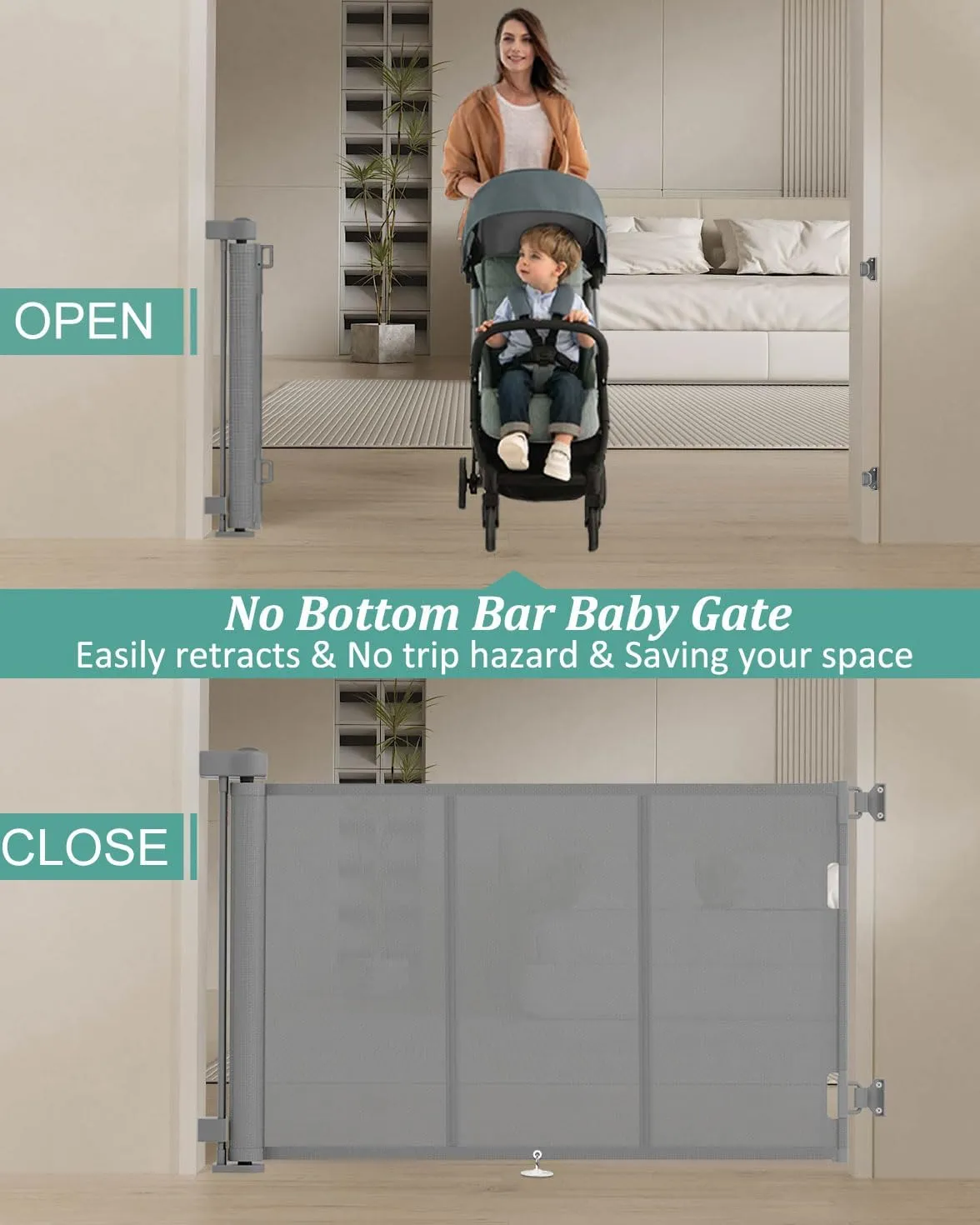 Upgrade 71" Retractable Baby Gates with Reinforced Strip Design to Prevent Crawling Through, 34" Tall Retractable Gate for Baby and Pet, 6 FT Baby Gates for Stairs, Doorways, Hallways