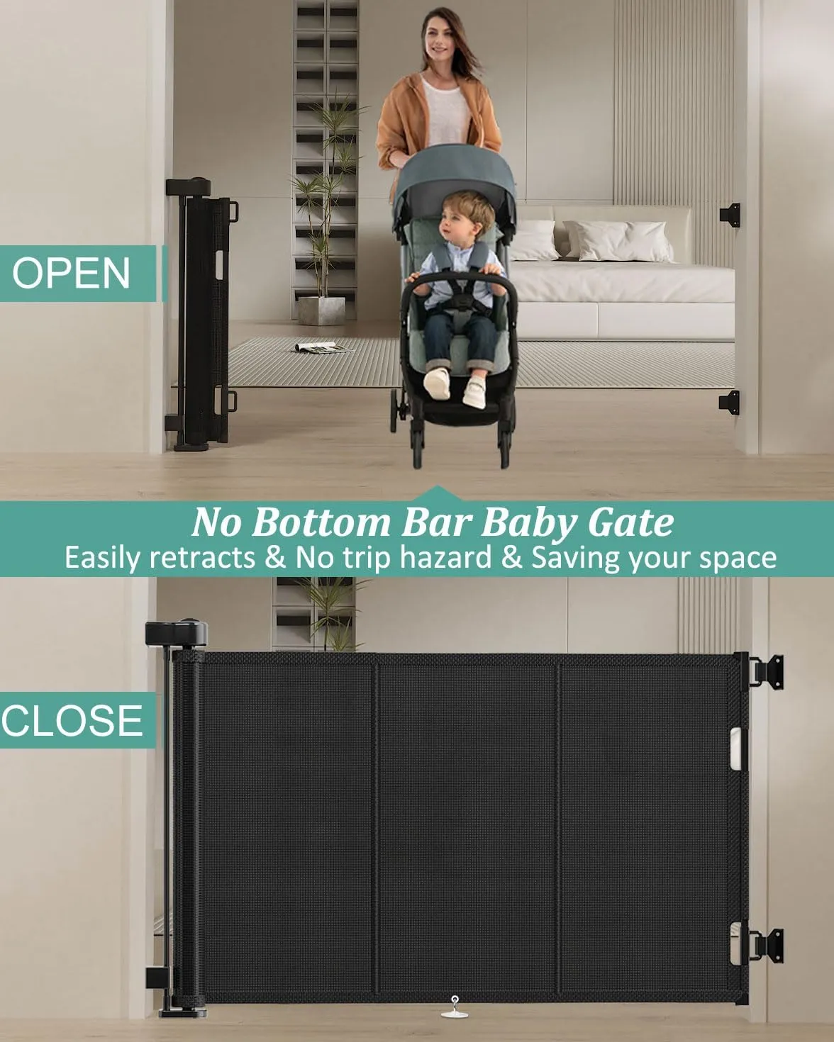 Upgrade 71" Retractable Baby Gates with Reinforced Strip Design to Prevent Crawling Through, 34" Tall Retractable Gate for Baby and Pet, 6 FT Baby Gates for Stairs, Doorways, Hallways