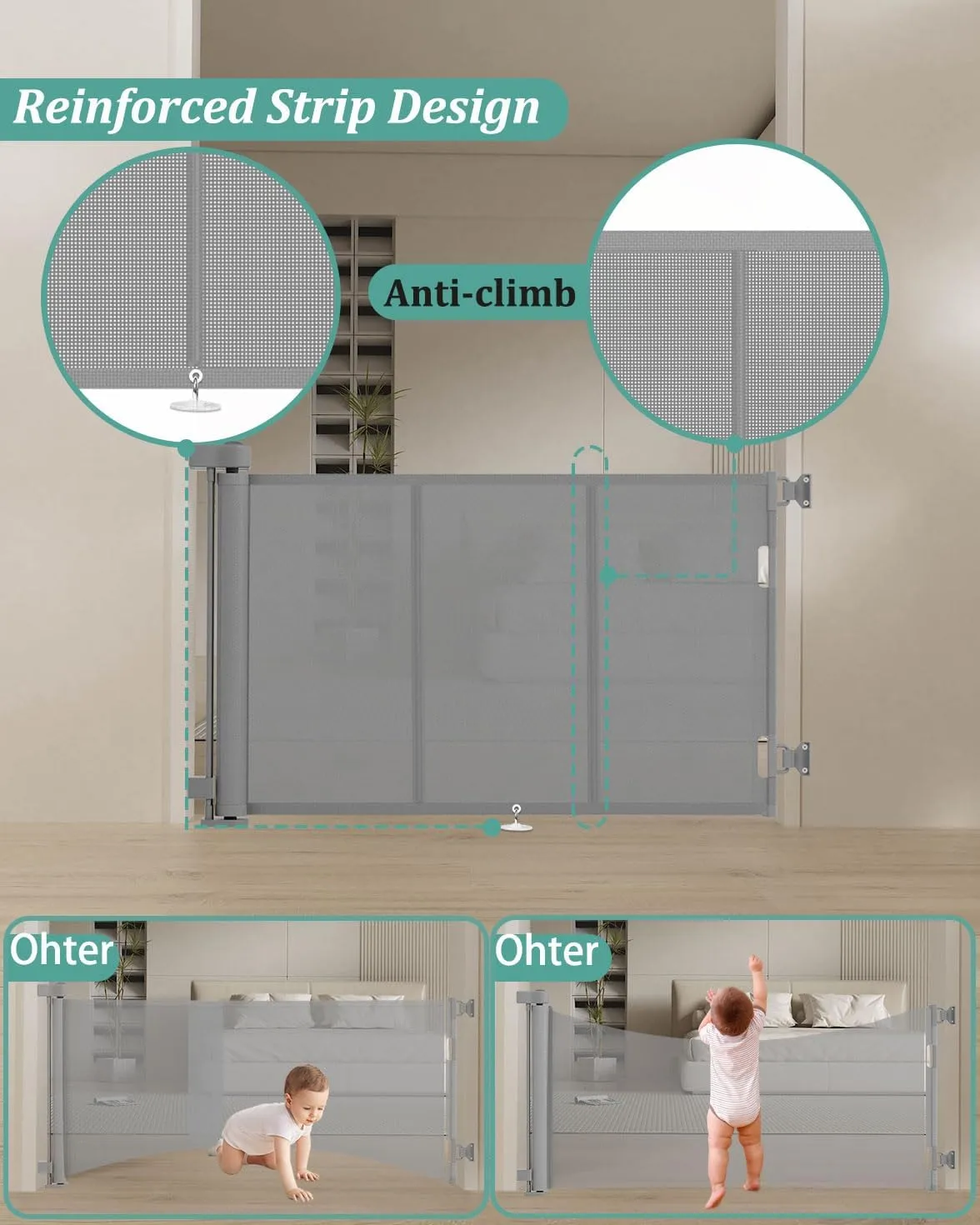 Upgrade 71" Retractable Baby Gates with Reinforced Strip Design to Prevent Crawling Through, 34" Tall Retractable Gate for Baby and Pet, 6 FT Baby Gates for Stairs, Doorways, Hallways