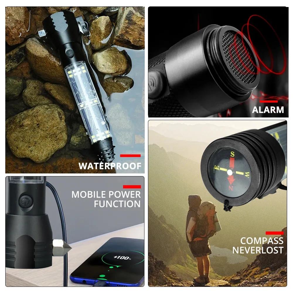 USB Rechargeable Solar LED Flashlight - Multi-function Emergency Torch with Safety Hammer, Mobile Power, Compass for Outdoor Activities