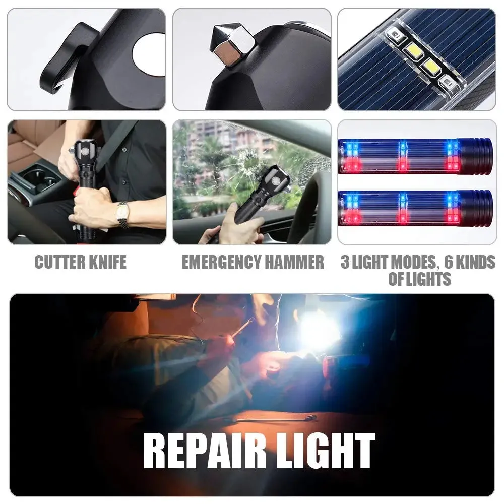 USB Rechargeable Solar LED Flashlight - Multi-function Emergency Torch with Safety Hammer, Mobile Power, Compass for Outdoor Activities