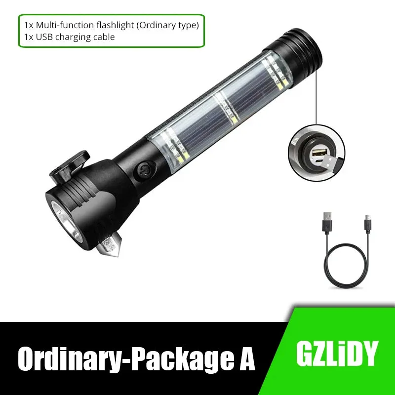 USB Rechargeable Solar LED Flashlight - Multi-function Emergency Torch with Safety Hammer, Mobile Power, Compass for Outdoor Activities