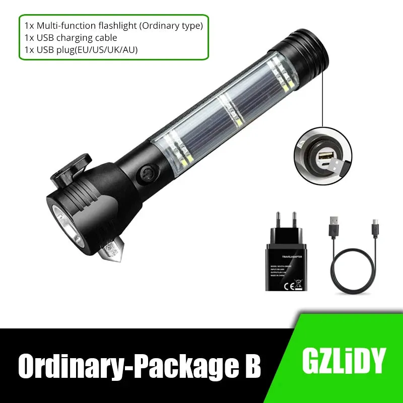 USB Rechargeable Solar LED Flashlight - Multi-function Emergency Torch with Safety Hammer, Mobile Power, Compass for Outdoor Activities