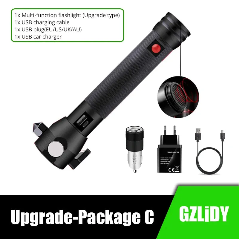USB Rechargeable Solar LED Flashlight - Multi-function Emergency Torch with Safety Hammer, Mobile Power, Compass for Outdoor Activities