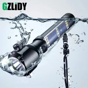 USB Rechargeable Solar LED Flashlight - Multi-function Emergency Torch with Safety Hammer, Mobile Power, Compass for Outdoor Activities