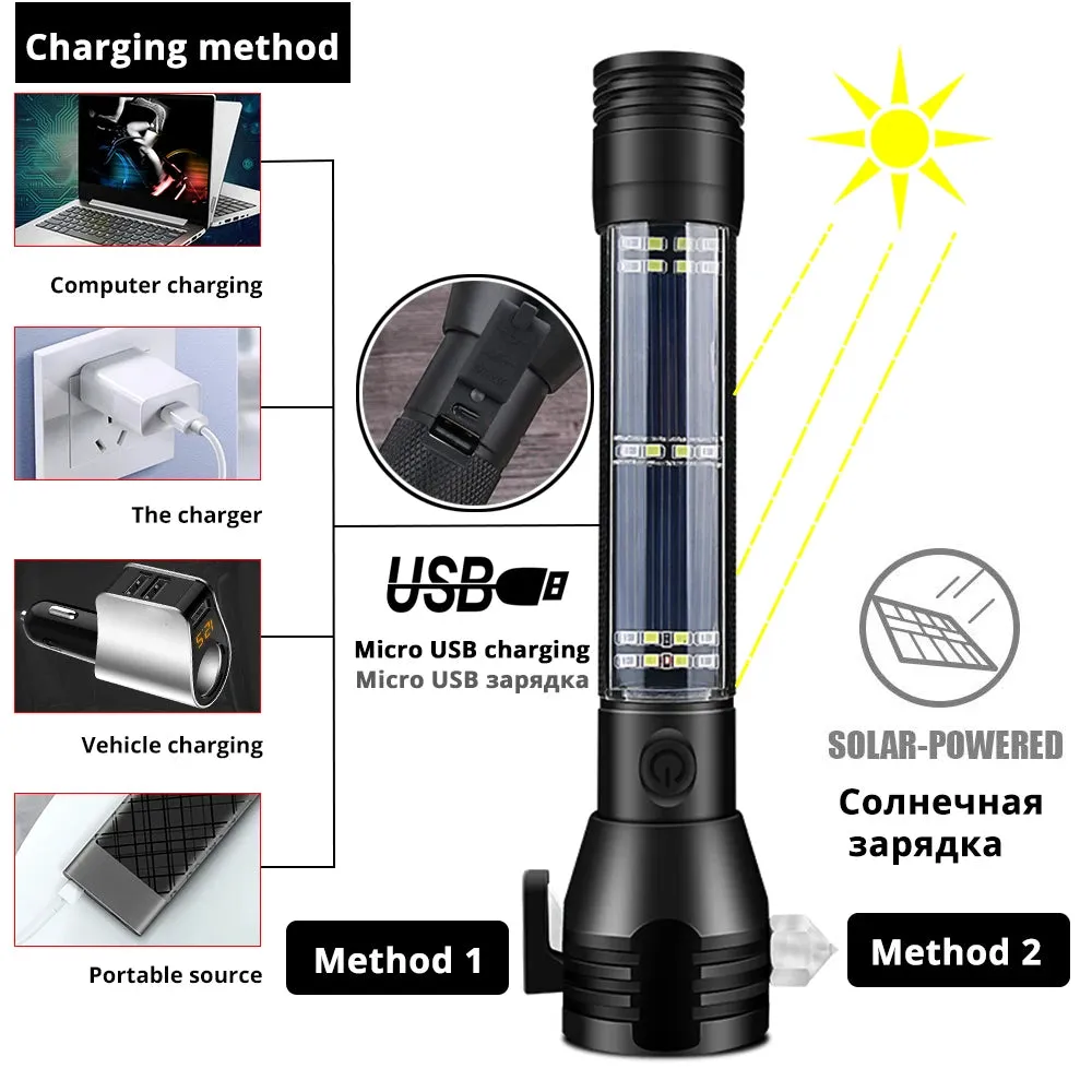 USB Rechargeable Solar LED Flashlight - Multi-function Emergency Torch with Safety Hammer, Mobile Power, Compass for Outdoor Activities