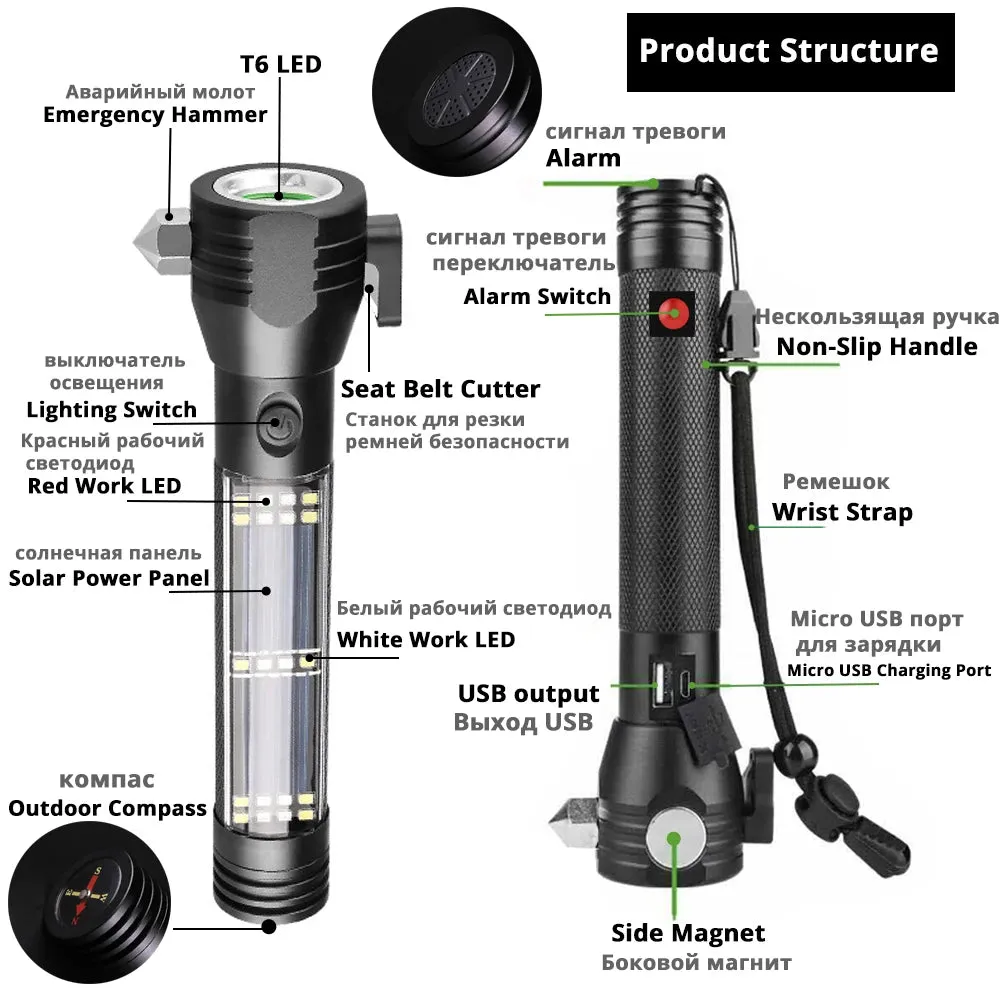 USB Rechargeable Solar LED Flashlight - Multi-function Emergency Torch with Safety Hammer, Mobile Power, Compass for Outdoor Activities