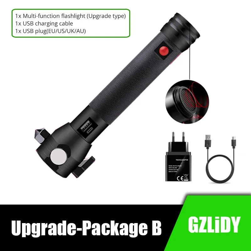 USB Rechargeable Solar LED Flashlight - Multi-function Emergency Torch with Safety Hammer, Mobile Power, Compass for Outdoor Activities
