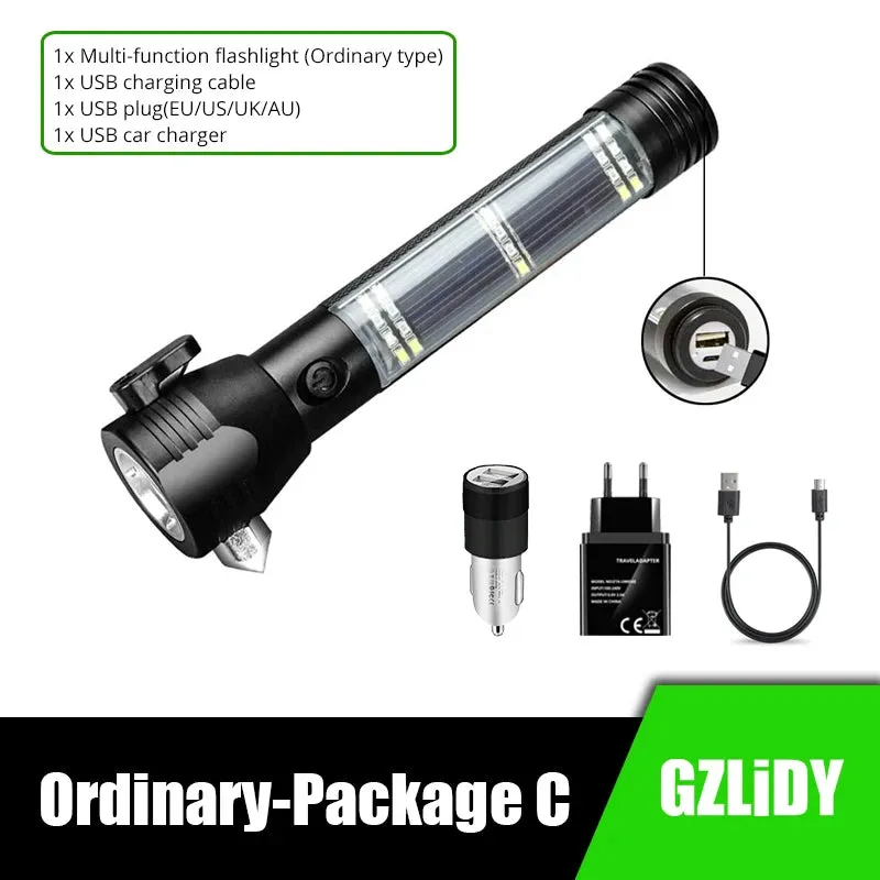 USB Rechargeable Solar LED Flashlight - Multi-function Emergency Torch with Safety Hammer, Mobile Power, Compass for Outdoor Activities