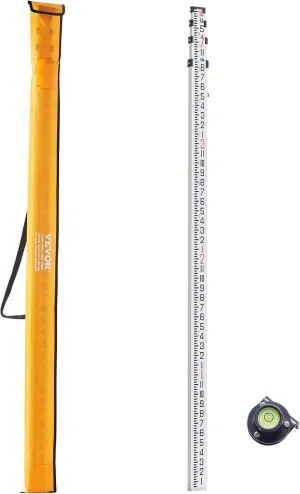 VEVOR Aluminum Grade 14-Feet 4 Sections Telescopic Measuring Rod, Double-Sided Scale 1/8in Leveling Rod Stick with Bubble Level & Carrying Bag for Houses, Walls, Floors