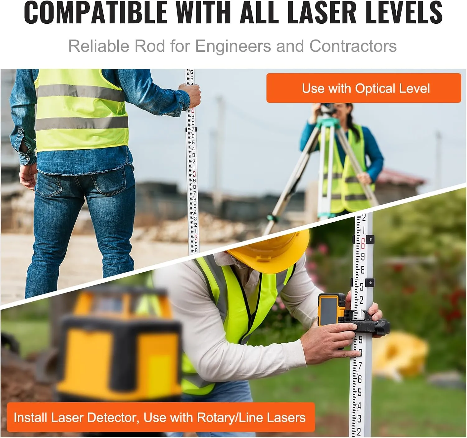 VEVOR Aluminum Grade 14-Feet 4 Sections Telescopic Measuring Rod, Double-Sided Scale 1/8in Leveling Rod Stick with Bubble Level & Carrying Bag for Houses, Walls, Floors