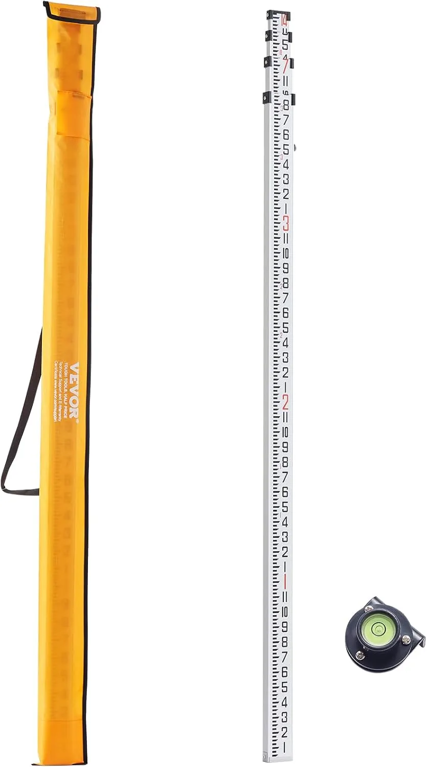 VEVOR Aluminum Grade 14-Feet 4 Sections Telescopic Measuring Rod, Double-Sided Scale 1/8in Leveling Rod Stick with Bubble Level & Carrying Bag for Houses, Walls, Floors