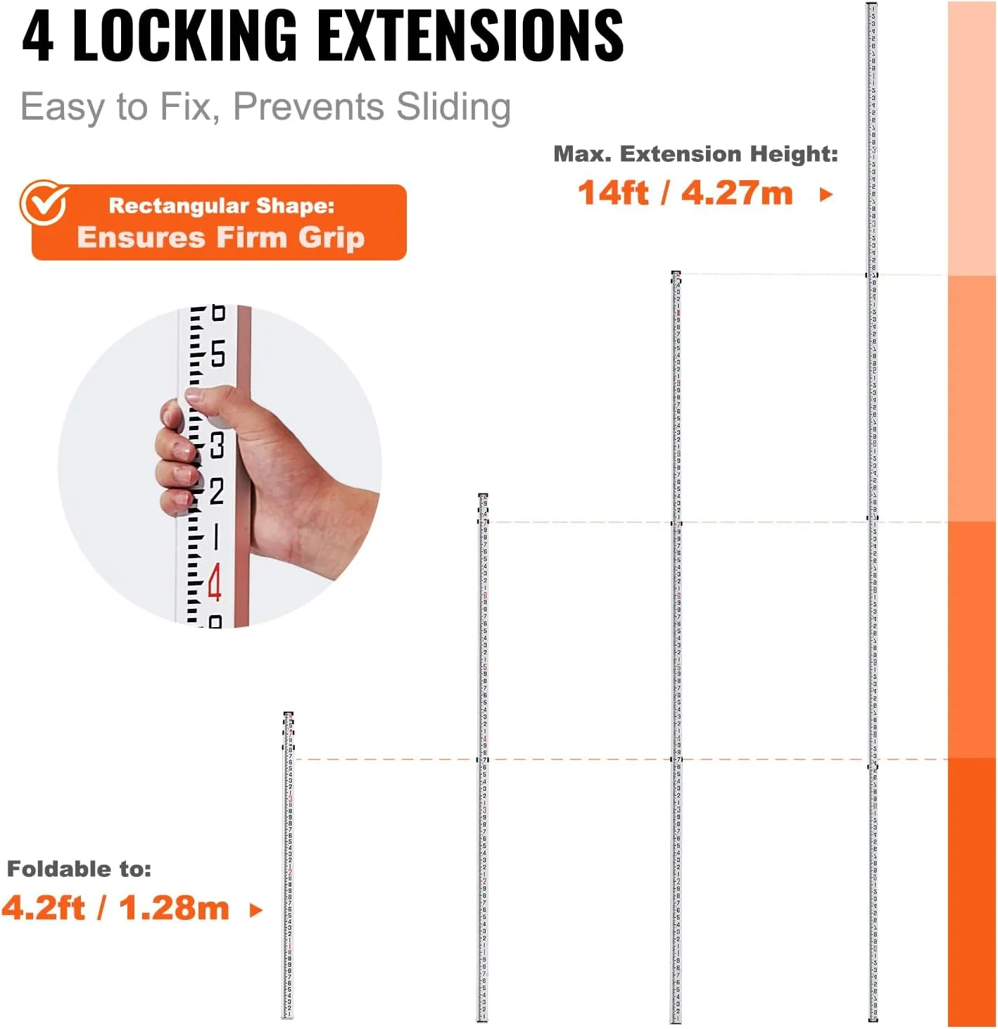VEVOR Aluminum Grade 14-Feet 4 Sections Telescopic Measuring Rod, Double-Sided Scale 1/8in Leveling Rod Stick with Bubble Level & Carrying Bag for Houses, Walls, Floors