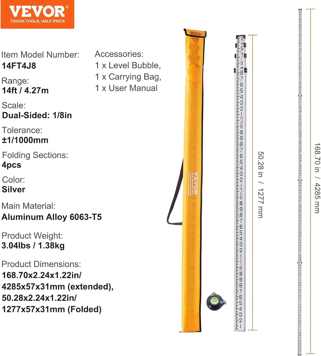 VEVOR Aluminum Grade 14-Feet 4 Sections Telescopic Measuring Rod, Double-Sided Scale 1/8in Leveling Rod Stick with Bubble Level & Carrying Bag for Houses, Walls, Floors