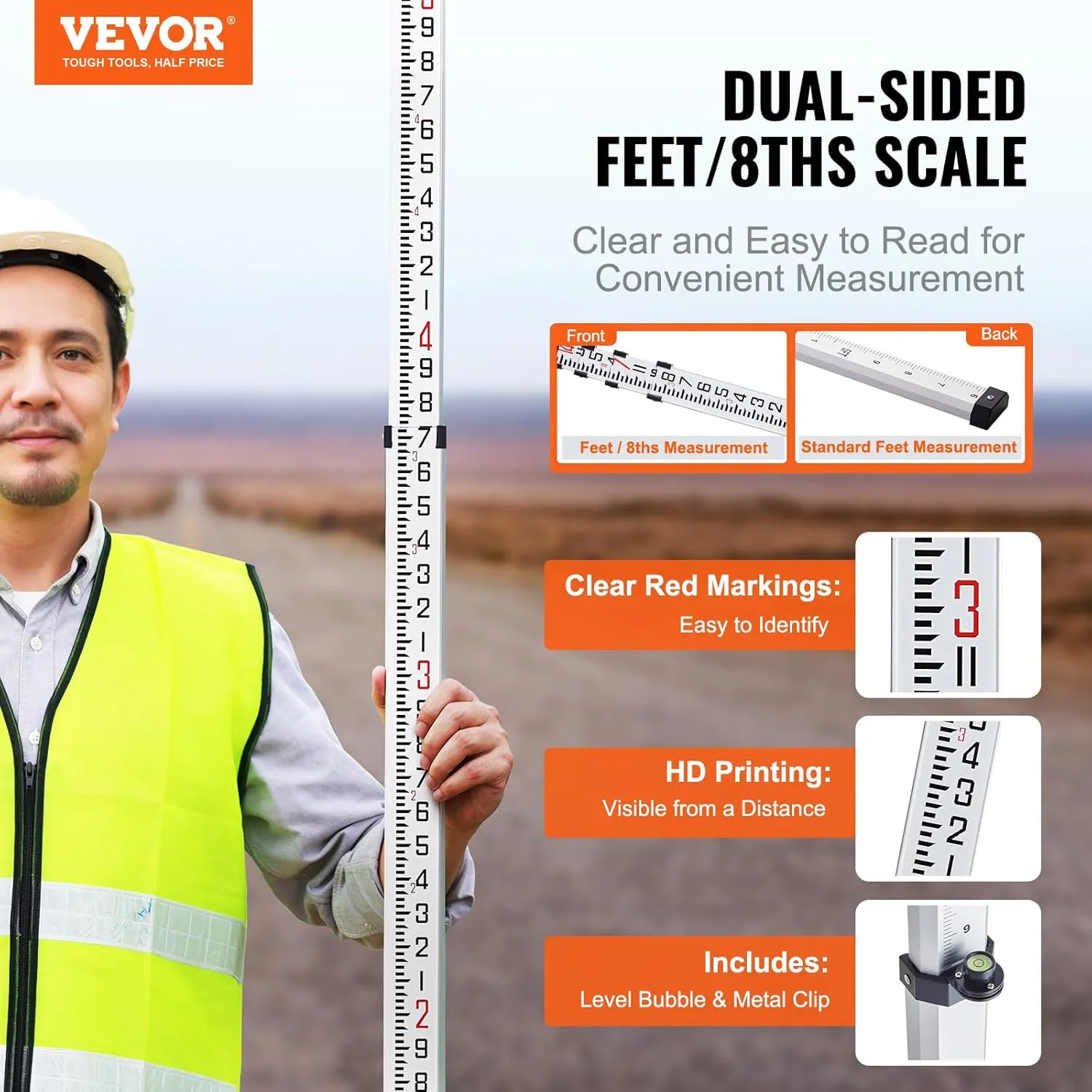 VEVOR Aluminum Grade 14-Feet 4 Sections Telescopic Measuring Rod, Double-Sided Scale 1/8in Leveling Rod Stick with Bubble Level & Carrying Bag for Houses, Walls, Floors