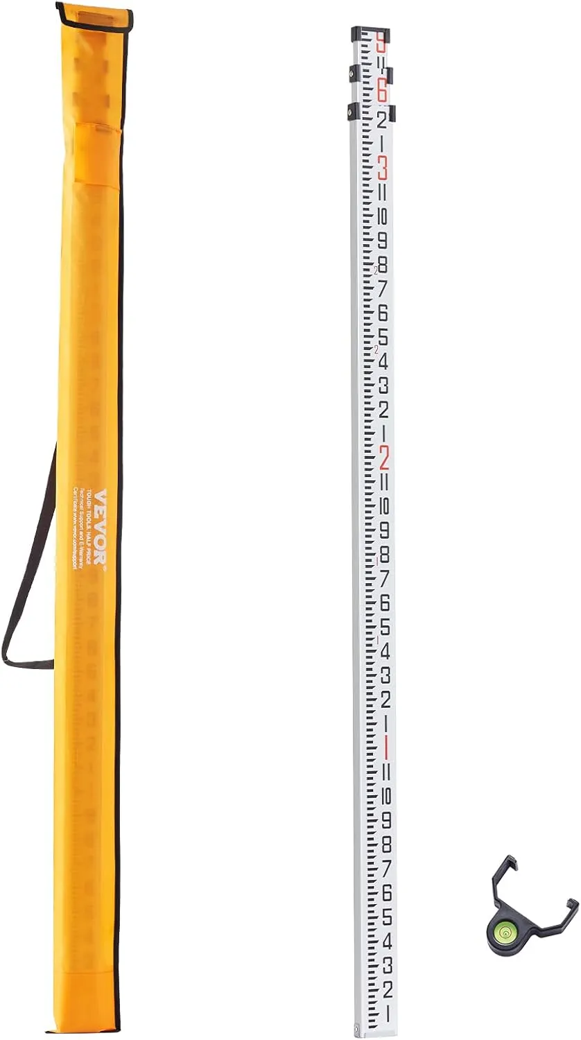 VEVOR Aluminum Grade Telescopic Measuring Rod, 9-Feet 3 Sections, Double-Sided 1/8in Leveling Rod with Bubble Level & Carrying Bag for Houses, Walls, Floors
