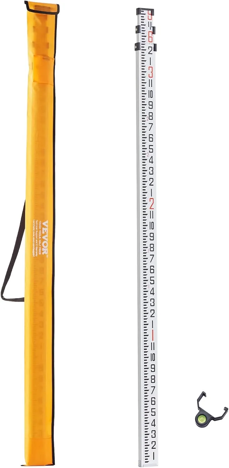 VEVOR Aluminum Grade Telescopic Measuring Rod, 9-Feet 3 Sections, Double-Sided 1/8in Leveling Rod with Bubble Level & Carrying Bag for Houses, Walls, Floors