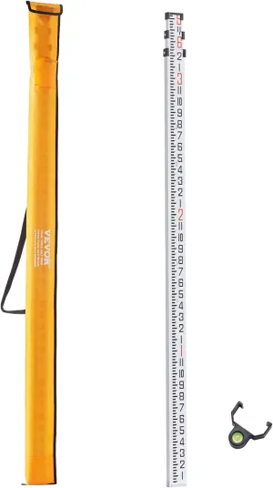 VEVOR Aluminum Grade Telescopic Measuring Rod, 9-Feet 3 Sections, Double-Sided 1/8in Leveling Rod with Bubble Level & Carrying Bag for Houses, Walls, Floors