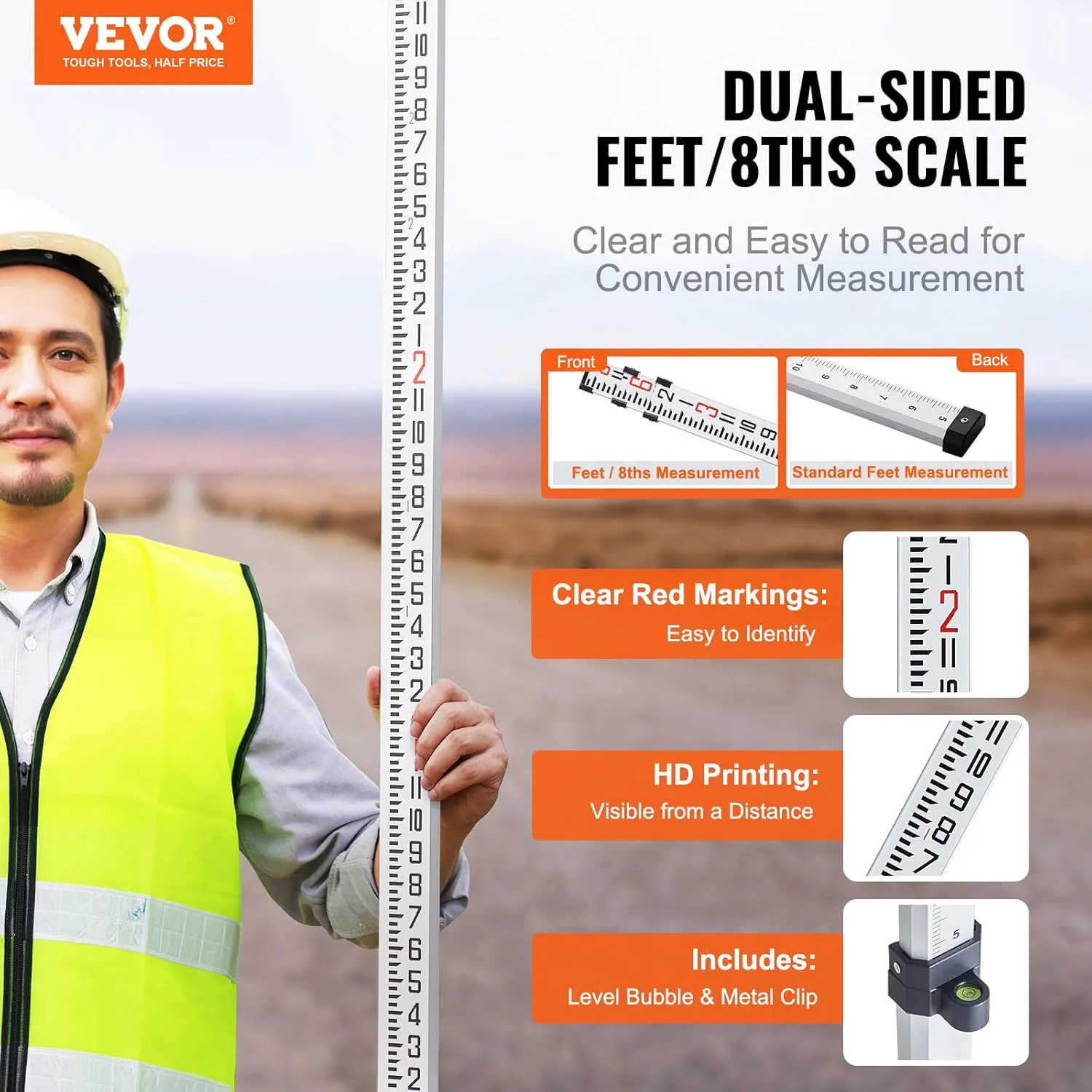 VEVOR Aluminum Grade Telescopic Measuring Rod, 9-Feet 3 Sections, Double-Sided 1/8in Leveling Rod with Bubble Level & Carrying Bag for Houses, Walls, Floors