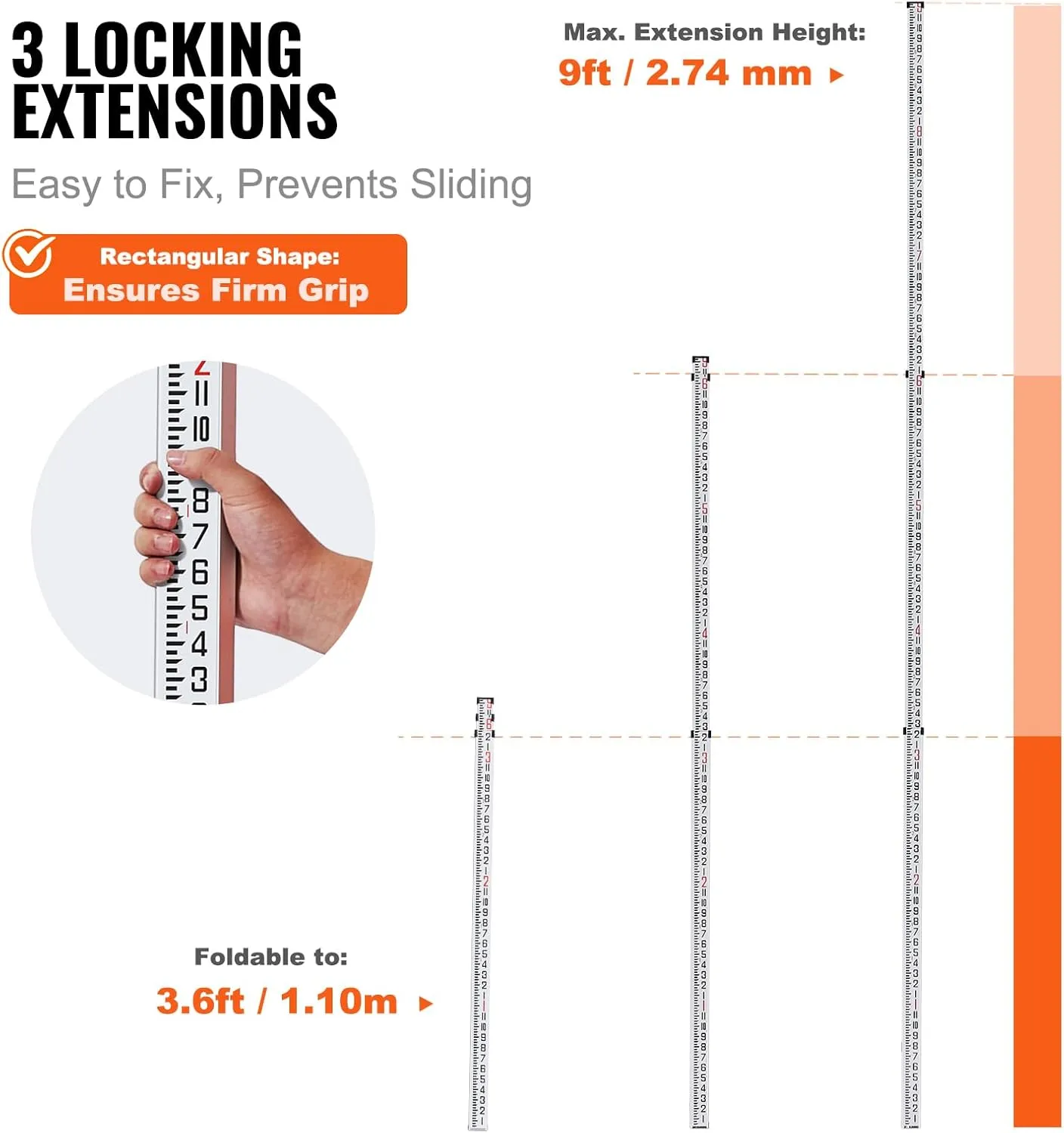 VEVOR Aluminum Grade Telescopic Measuring Rod, 9-Feet 3 Sections, Double-Sided 1/8in Leveling Rod with Bubble Level & Carrying Bag for Houses, Walls, Floors