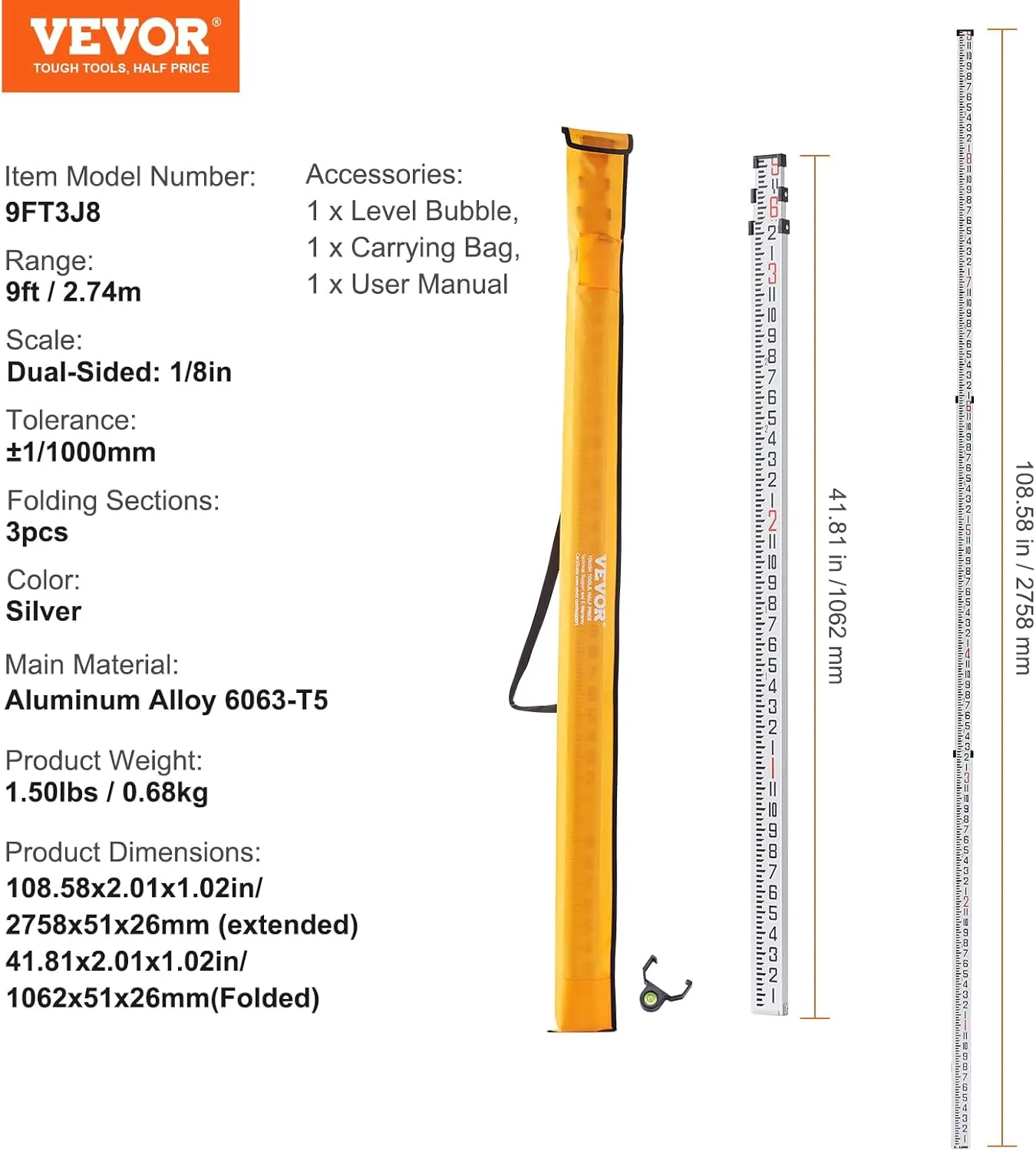 VEVOR Aluminum Grade Telescopic Measuring Rod, 9-Feet 3 Sections, Double-Sided 1/8in Leveling Rod with Bubble Level & Carrying Bag for Houses, Walls, Floors