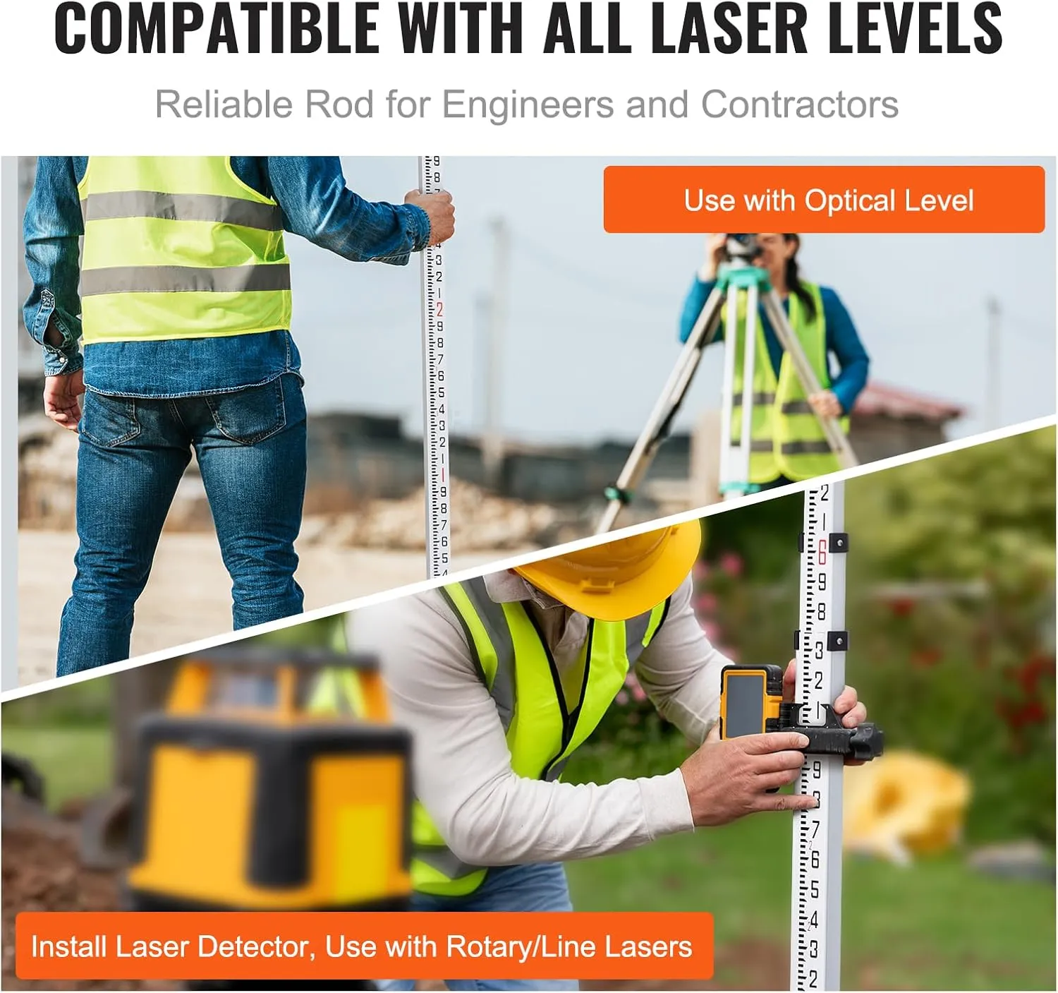 VEVOR Aluminum Grade Telescopic Measuring Rod, 9-Feet 3 Sections, Double-Sided 1/8in Leveling Rod with Bubble Level & Carrying Bag for Houses, Walls, Floors