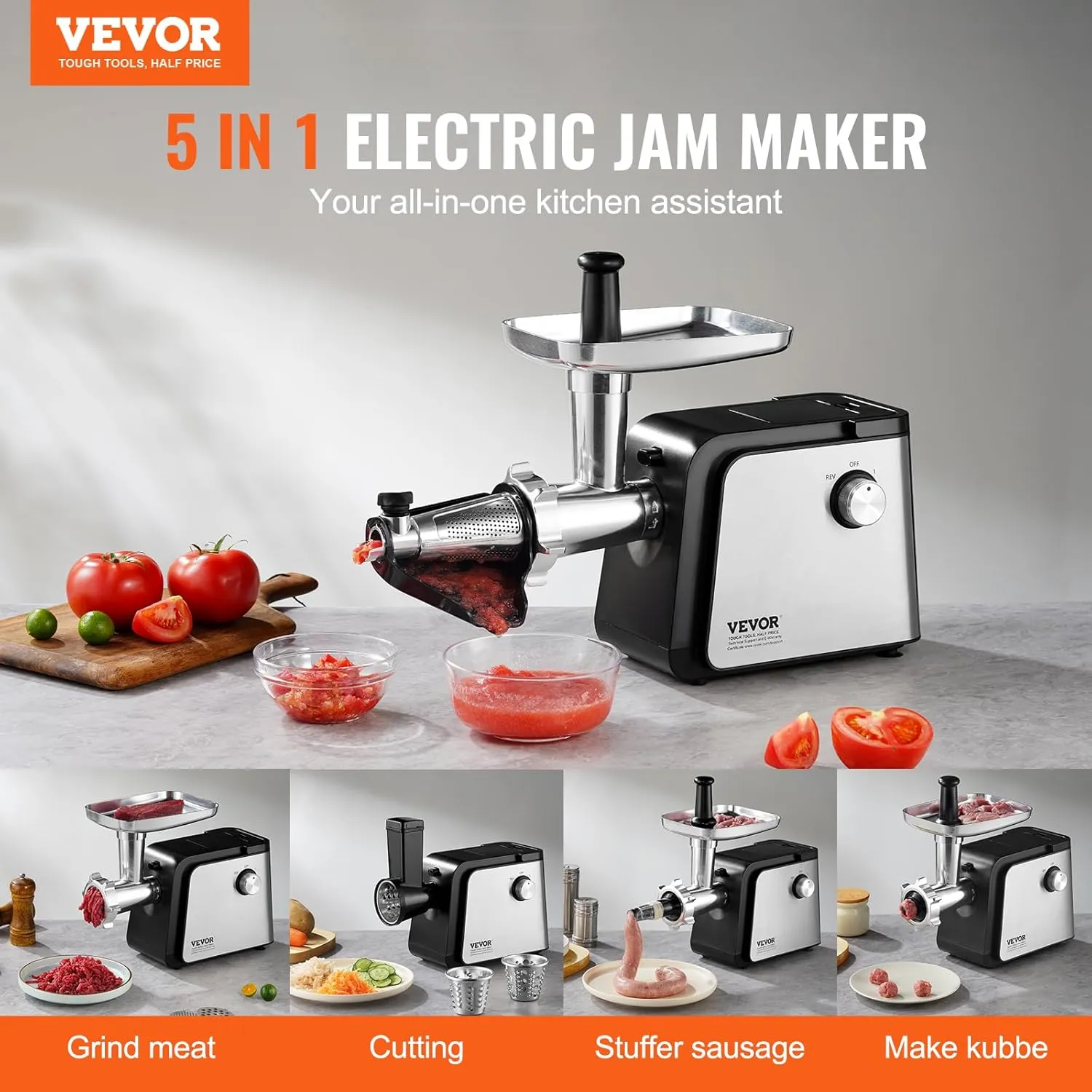VEVOR Electric Tomato Strainer, 500W Sauce Maker Machine, 4.9 LBS/Min Food Mill With Reverse Function for Tomato, Strawberry, Blueberry - Pure Copper Motor
