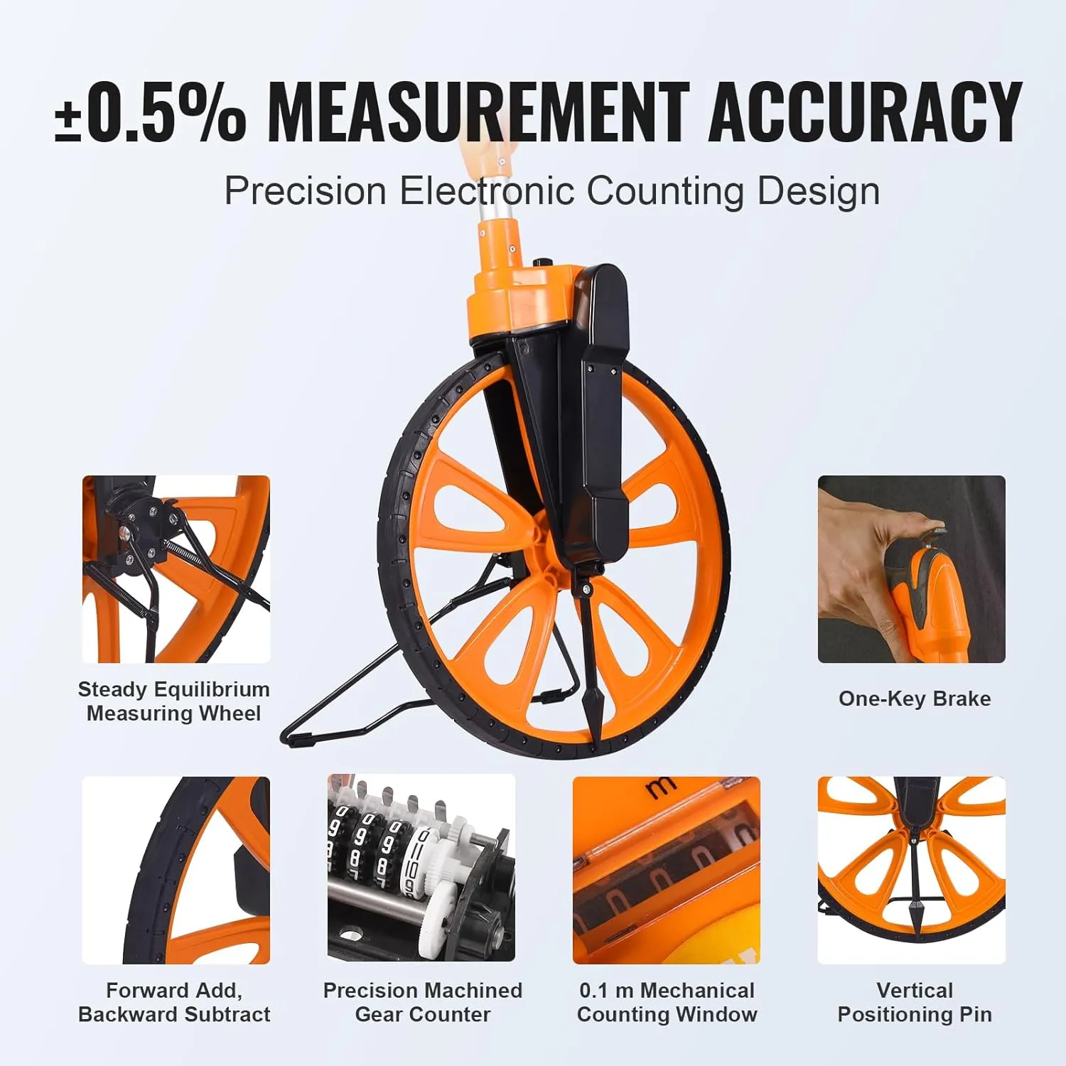 VEVOR Measuring Wheel, 12.5in Diameter Wheel, Centerline Design w/Handbrake, 39.76-20.47 in Telescoping Measure Wheel,Measurement 0-9,999m with Bag, for Lawn/Hard/Soft/Wood Road Measuring