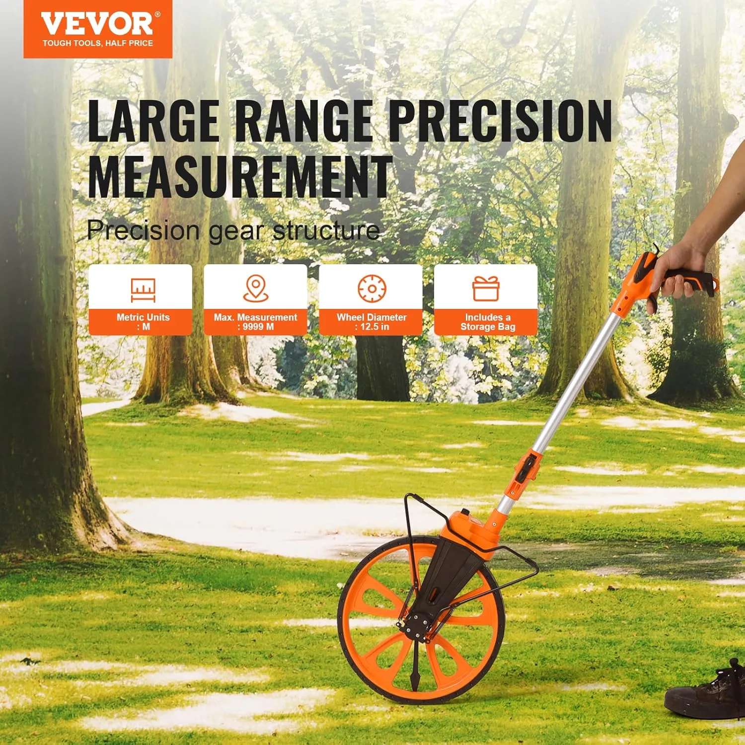 VEVOR Measuring Wheel, 12.5in Diameter Wheel, Centerline Design w/Handbrake, 39.76-20.47 in Telescoping Measure Wheel,Measurement 0-9,999m with Bag, for Lawn/Hard/Soft/Wood Road Measuring