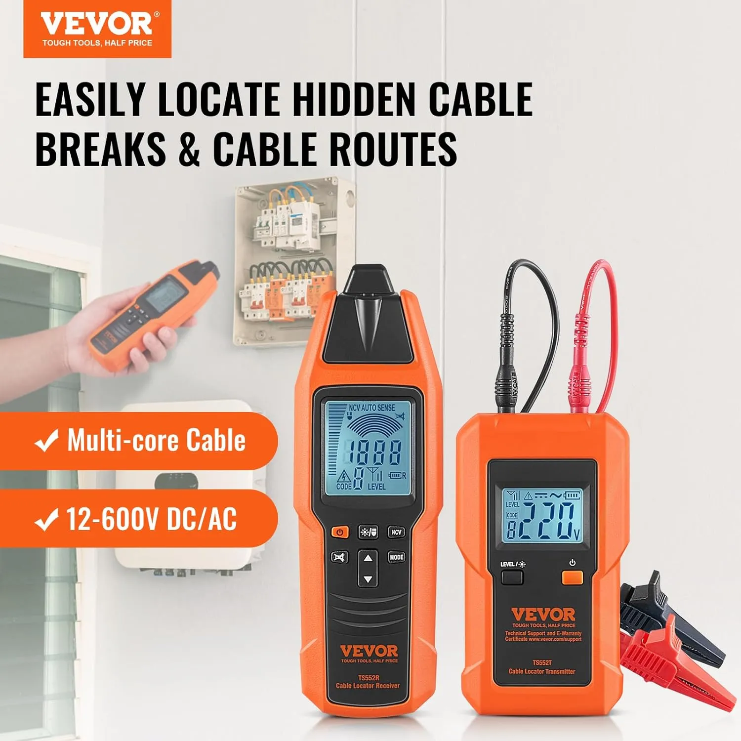 VEVOR Underground Cable Locator, 8 Ft Max Detect Depth Cable Tester, 12 to 600V (NVC) Wire Tracer Break Detector Finder, 6561Ft Detect Length for Electrical Circuits Pipelines Dog Fence Buried Cables