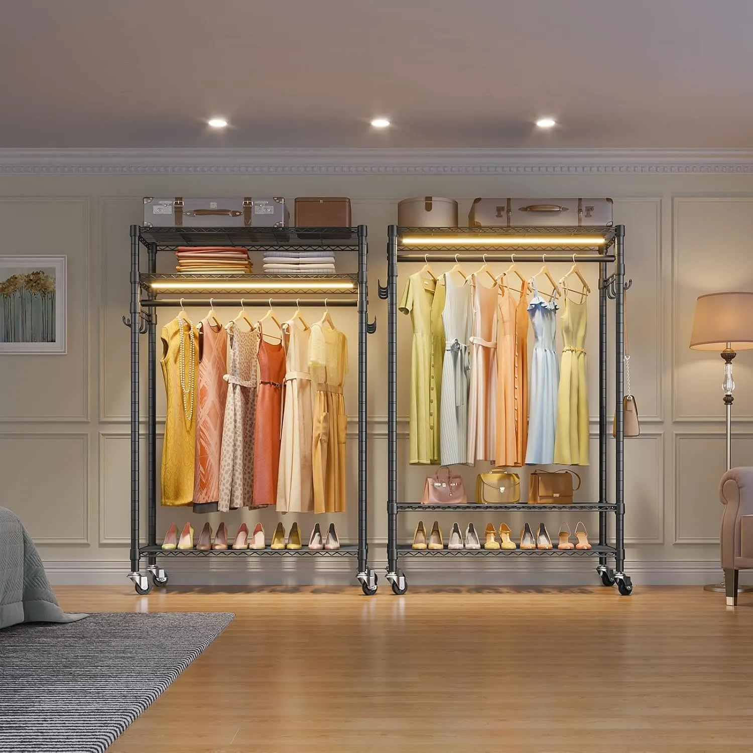 VIPEK R1L Garment Rack Rolling Clothes Rack with Dimmable Led Light, Portable Closet for Hanging Clothes Heavy Duty Wardrobe with Wheels & Side Hooks, Clothing Rack with Adjustable Shelves, Black