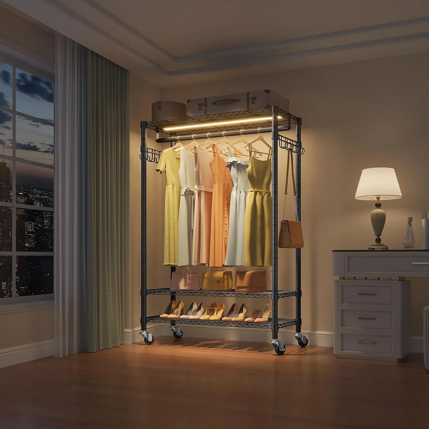 VIPEK R1L Garment Rack Rolling Clothes Rack with Dimmable Led Light, Portable Closet for Hanging Clothes Heavy Duty Wardrobe with Wheels & Side Hooks, Clothing Rack with Adjustable Shelves, Black