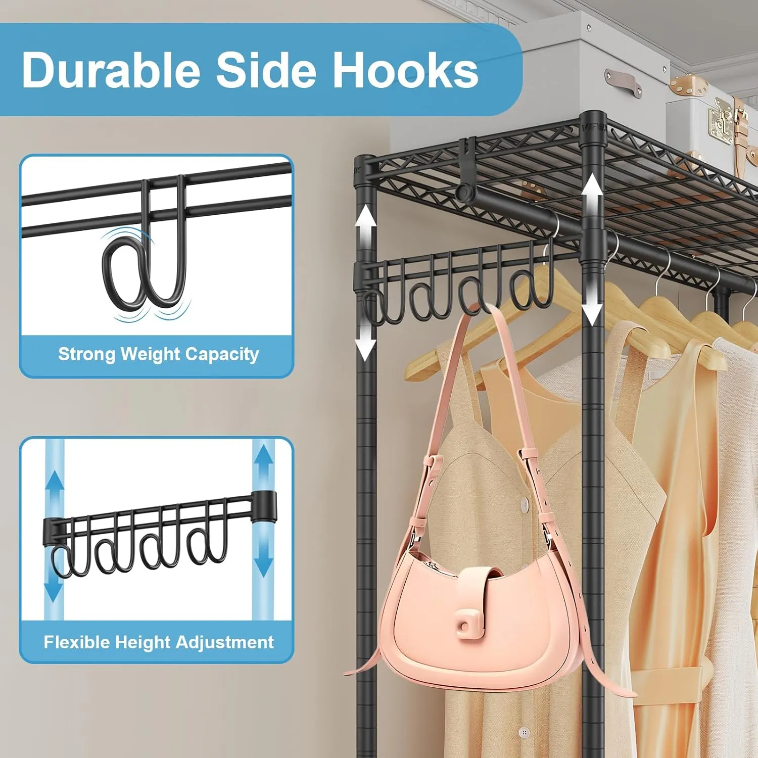 VIPEK R1L Garment Rack Rolling Clothes Rack with Dimmable Led Light, Portable Closet for Hanging Clothes Heavy Duty Wardrobe with Wheels & Side Hooks, Clothing Rack with Adjustable Shelves, Black