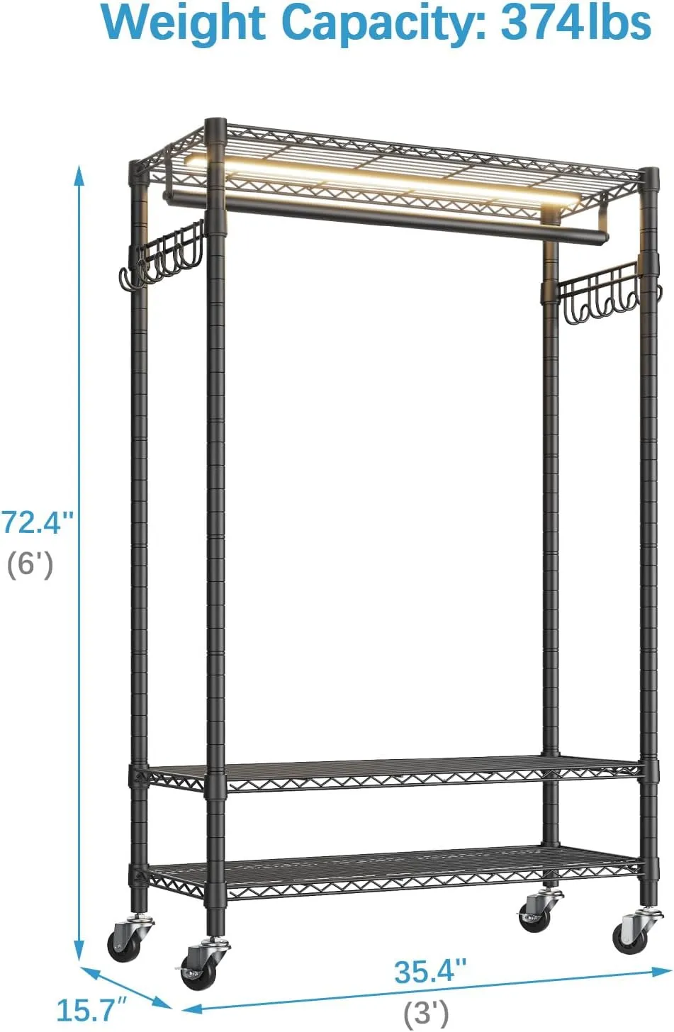 VIPEK R1L Garment Rack Rolling Clothes Rack with Dimmable Led Light, Portable Closet for Hanging Clothes Heavy Duty Wardrobe with Wheels & Side Hooks, Clothing Rack with Adjustable Shelves, Black