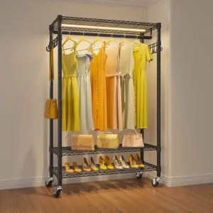 VIPEK R1L Garment Rack Rolling Clothes Rack with Dimmable Led Light, Portable Closet for Hanging Clothes Heavy Duty Wardrobe with Wheels & Side Hooks, Clothing Rack with Adjustable Shelves, Black