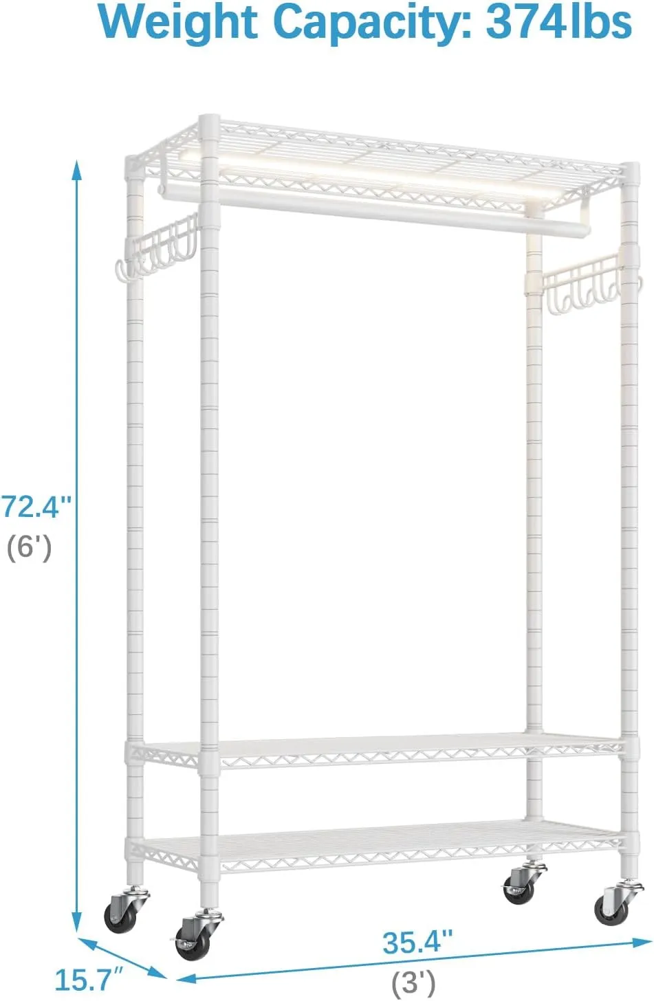 VIPEK R1L Garment Rack Rolling Clothes Rack with Dimmable Led Light, Portable Closet for Hanging Clothes, Heavy Duty Wardrobe with Wheels & Side Hooks, Clothing Rack with Adjustable Shelves, White