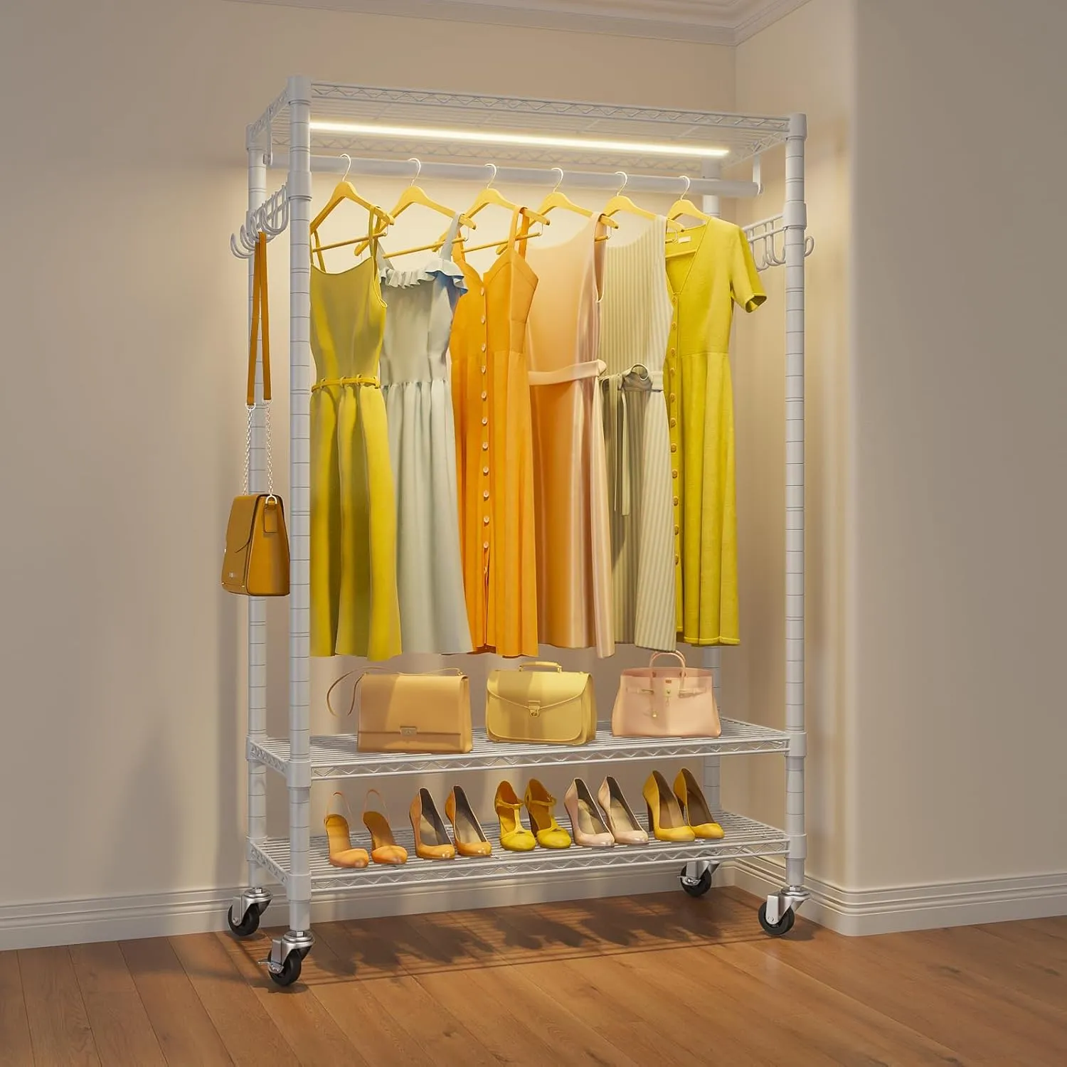 VIPEK R1L Garment Rack Rolling Clothes Rack with Dimmable Led Light, Portable Closet for Hanging Clothes, Heavy Duty Wardrobe with Wheels & Side Hooks, Clothing Rack with Adjustable Shelves, White