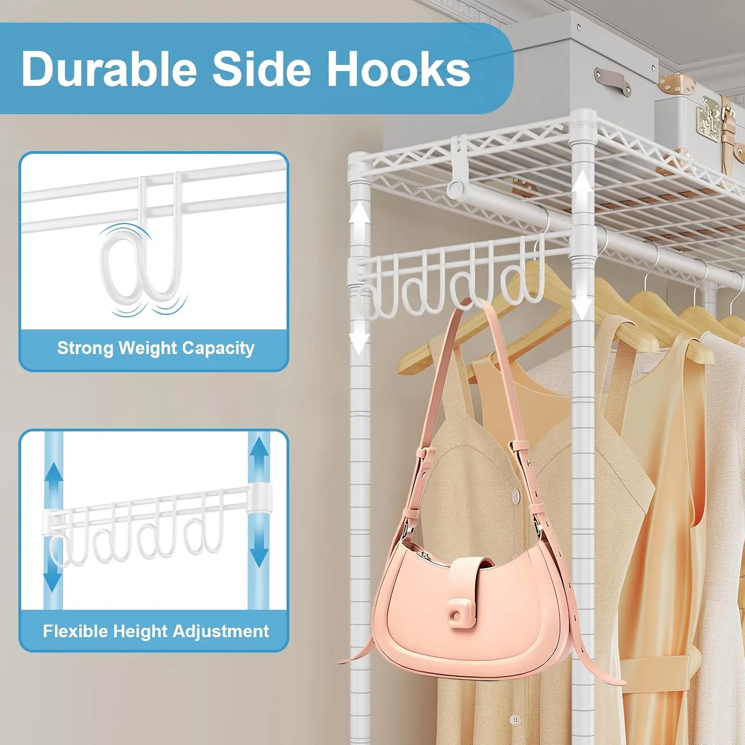 VIPEK R1L Garment Rack Rolling Clothes Rack with Dimmable Led Light, Portable Closet for Hanging Clothes, Heavy Duty Wardrobe with Wheels & Side Hooks, Clothing Rack with Adjustable Shelves, White