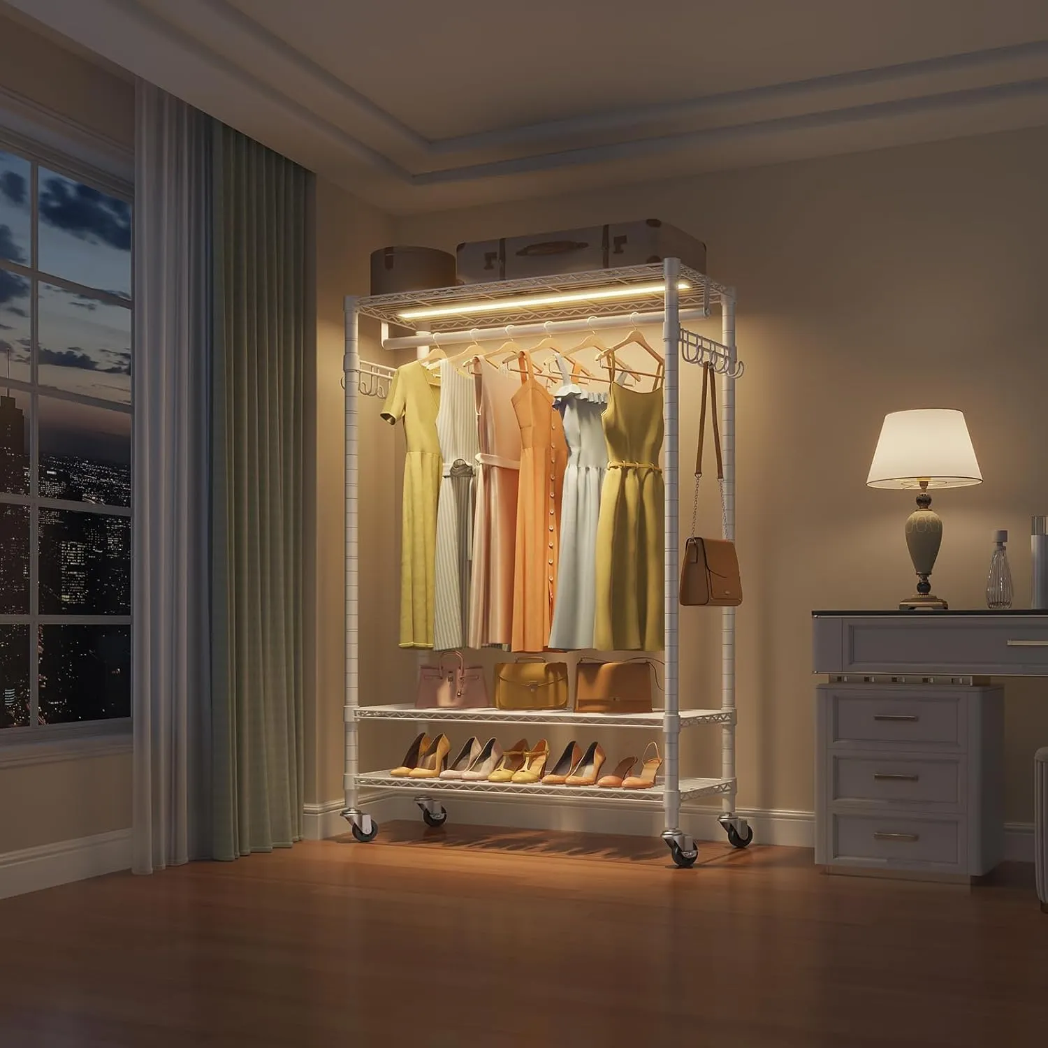 VIPEK R1L Garment Rack Rolling Clothes Rack with Dimmable Led Light, Portable Closet for Hanging Clothes, Heavy Duty Wardrobe with Wheels & Side Hooks, Clothing Rack with Adjustable Shelves, White